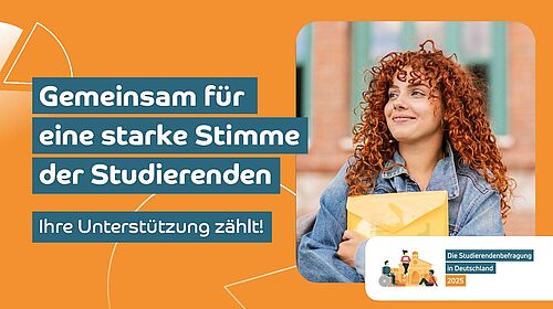 Eine lächelnde junge Frau mit roten Locken. Text: Gemeinsam für eine starke Stimme der Studierenden. Ihre Unterstützung zählt!