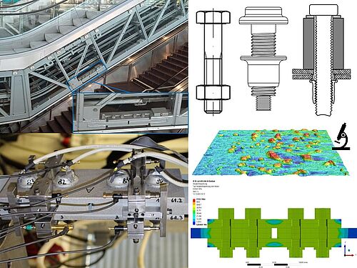 Oben links ist eine schräge Rolltreppenkonstruktion mit sichtbarer Seitenverkleidung zu sehen. Daneben, oben rechts, befinden sich technische Zeichnungen verschiedener Verbindungselemente. Unten links ist eine Prüfvorrichtung mit mehreren Sensoren und Kabeln dargestellt. Rechts daneben folgt eine farbcodierte 3D-Oberflächenanalyse mit mikroskopischen Strukturen. Ganz unten rechts ist eine numerische Simulation mit farblicher Spannungsverteilung zu sehen.