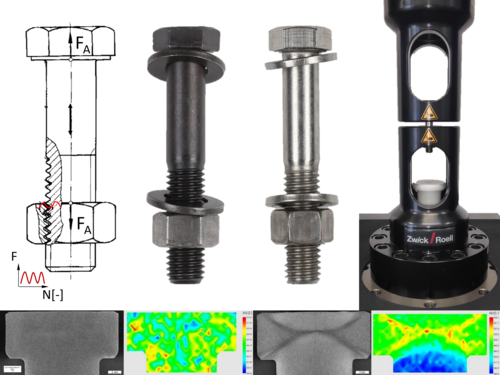 Von links nach rechts: Technische Zeichnung einer Schraubverbindung mit Kraftangaben, zwei Fotos unterschiedlicher Schrauben mit Muttern und Unterlegscheiben, Prüfgerät zur Materialuntersuchung. Darunter sind mikroskopische Aufnahmen und farbcodierte Härteverteilungen von Schraubenköpfen zu sehen. Die Abbildungen zeigen verschiedene Aspekte der Analyse und Prüfung von Verbindungselementen.