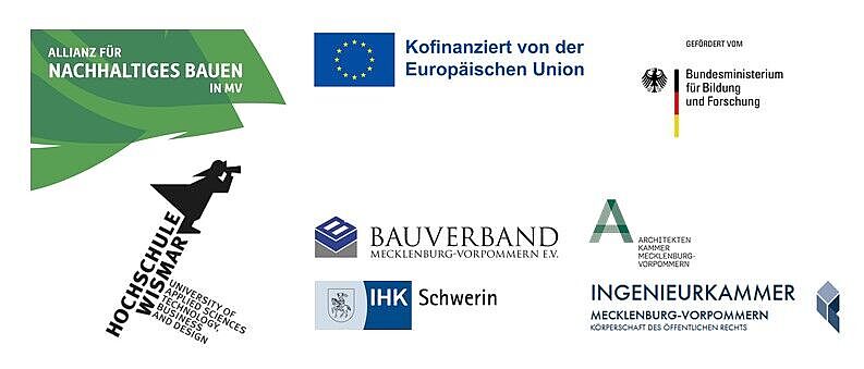 The image displays a collection of logos from various organizations and institutions involved in the "Alliance for Sustainable Building in Mecklenburg-Vorpommern (MV)."  Top Row:  Left: The logo of the "Alliance for Sustainable Building in MV" in shades of green and blue. Center: The European Union logo with the text "Co-financed by the European Union." Right: The logo of the Federal Ministry of Education and Research (BMBF) of Germany. Bottom Row:  Left: The logo of Hochschule Wismar, in black and white, with the text "University of Applied Sciences: Technology, Business, and Design." Center: The logos of the Bauverband Mecklenburg-Vorpommern e.V. (Construction Association), the Schwerin Chamber of Industry and Commerce (IHK), the Chamber of Architects of Mecklenburg-Vorpommern, the Chamber of Engineers of Mecklenburg-Vorpommern, and another logo that is not clearly identifiable. These logos represent the key partners and sponsors of the "Alliance for Sustainable Building MV" project.